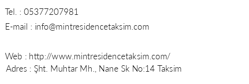 Mint Residence Taksim Hotel telefon numaralar, faks, e-mail, posta adresi ve iletiim bilgileri
